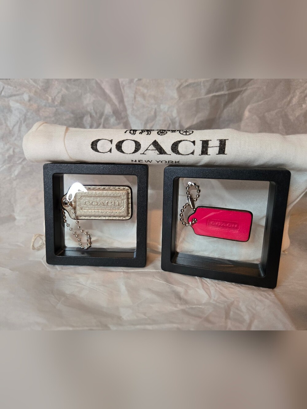 Coach 3-fer Leather Bag Tag Set — Cream & Hot Pink